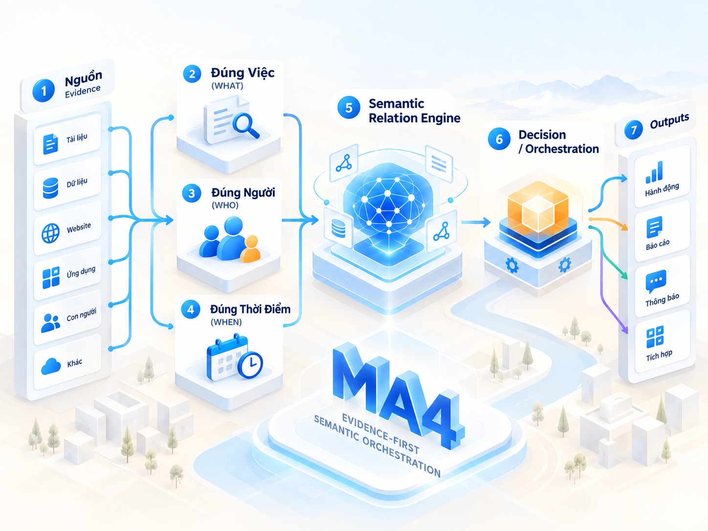 Minh họa kiến trúc semantic-first của MA4 với WHAT, WHO, WHEN hội tụ tại Semantic Relation Engine
